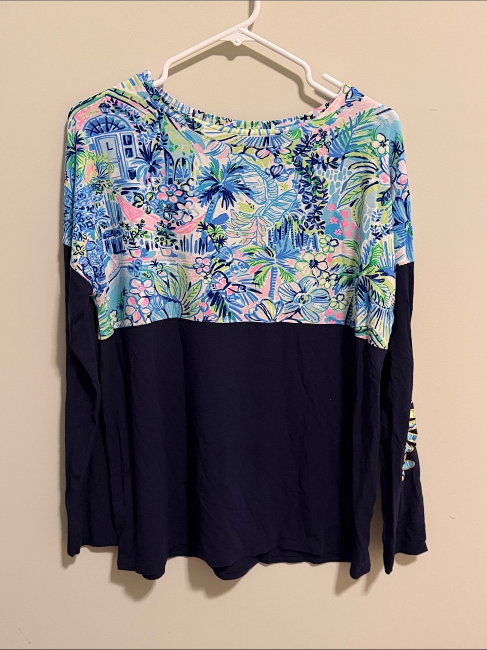 Lilly Pulitzer Navy Long-Sleeve Top with Multicolor Tropical Yoke